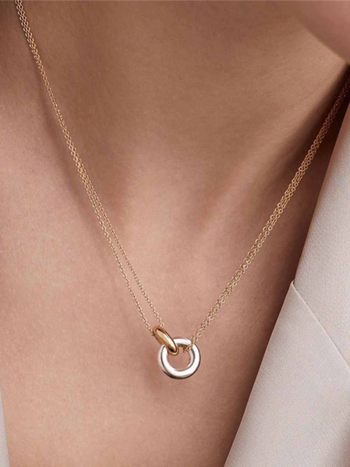 Collier en acier inoxydable, pendentif rond géométrique, chaîne double fine, or et argent, style tendance, modèle Mariana - Collier - Or 42 - 50cm