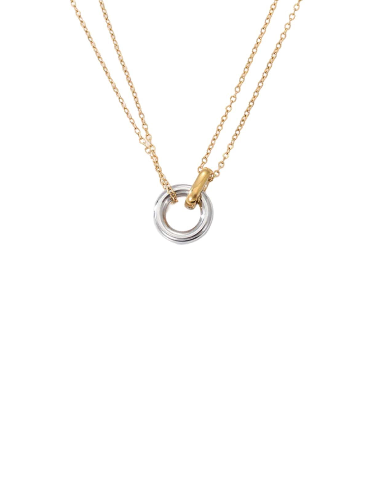 Collier en acier inoxydable, pendentif rond géométrique, chaîne double fine, or et argent, style tendance, modèle Mariana - Collier - Bicolore 42 - 50cm