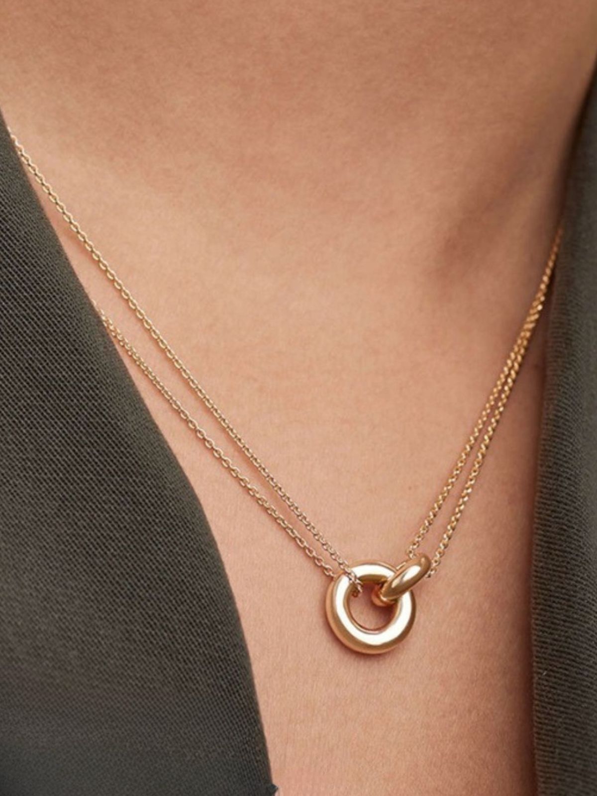 Collier en acier inoxydable, pendentif rond géométrique, chaîne double fine, or et argent, style tendance, modèle Mariana - Collier - Or 42 - 50cm