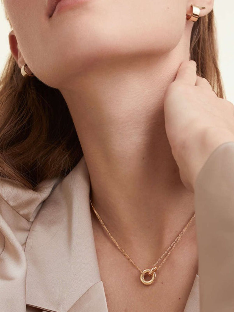 Collier en acier inoxydable, pendentif rond géométrique, chaîne double fine, or et argent, style tendance, modèle Mariana - Collier - Or 42 - 50cm