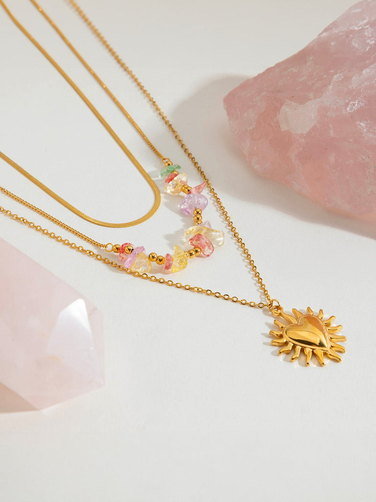 Collier multirang doré, pendentif cœur soleil, pierres naturelles colorées, acier inoxydable, modèle Anne - Collier - Or 45 + 5 cm