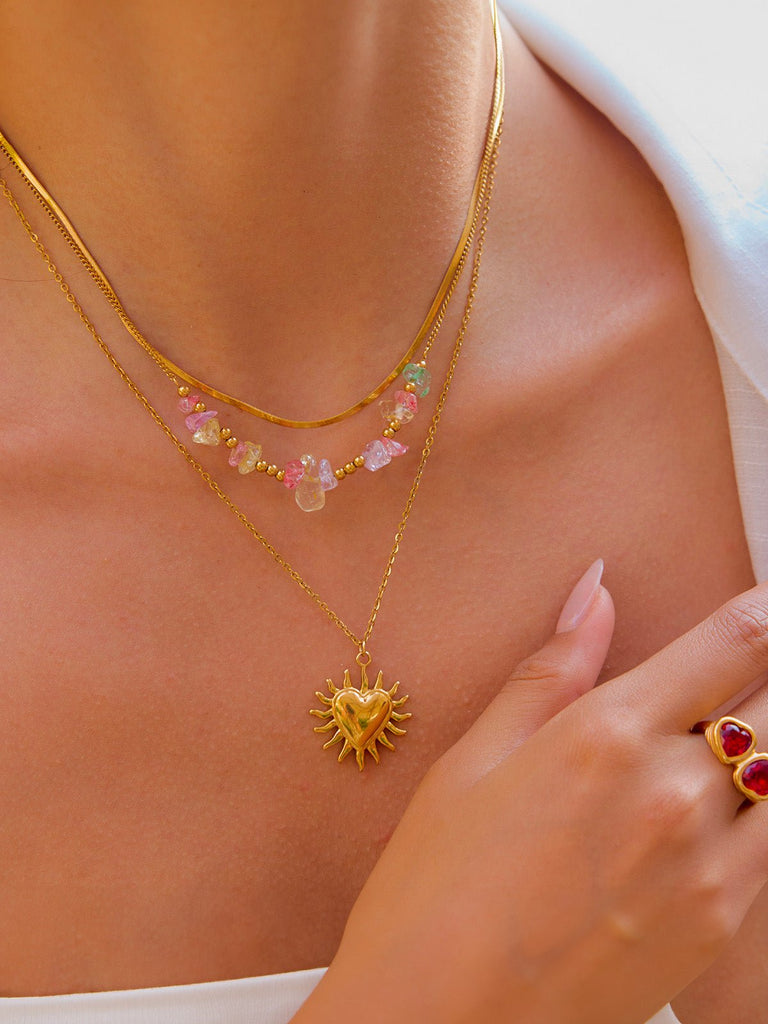 Collier multirang doré, pendentif cœur soleil, pierres naturelles colorées, acier inoxydable, modèle Anne - Collier - Or 45 + 5 cm
