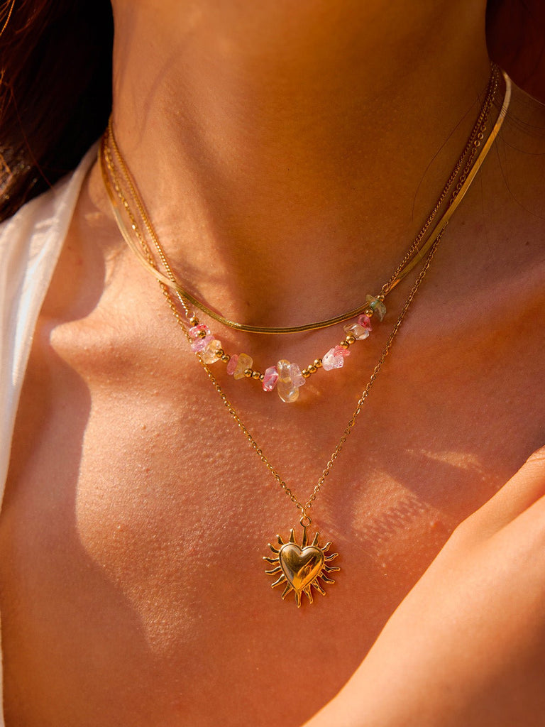 Collier multirang doré, pendentif cœur soleil, pierres naturelles colorées, acier inoxydable, modèle Anne - Collier - Or 45 + 5 cm