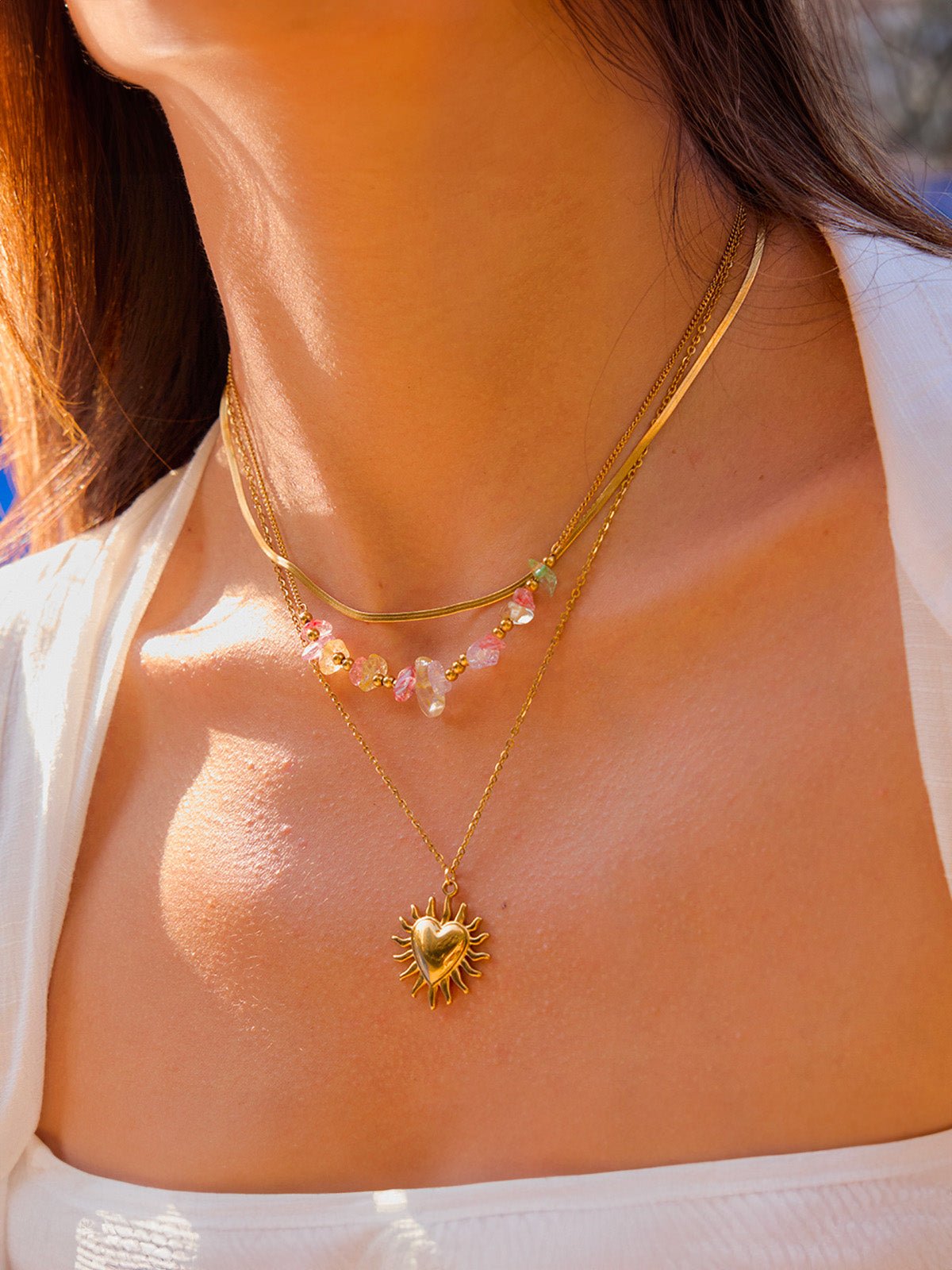 Collier multirang doré, pendentif cœur soleil, pierres naturelles colorées, acier inoxydable, modèle Anne - Collier - Or 45 + 5 cm