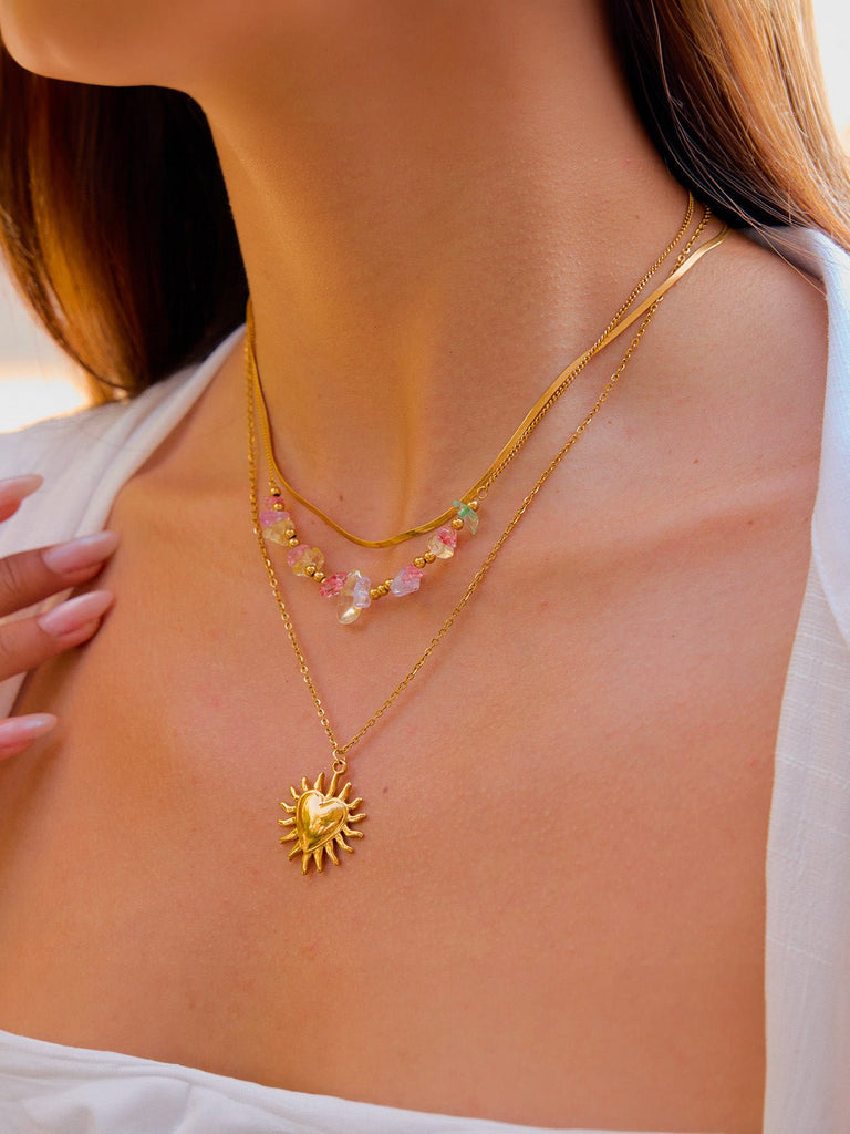 Collier multirang doré, pendentif cœur soleil, pierres naturelles colorées, acier inoxydable, modèle Anne - Collier - Or 45 + 5 cm