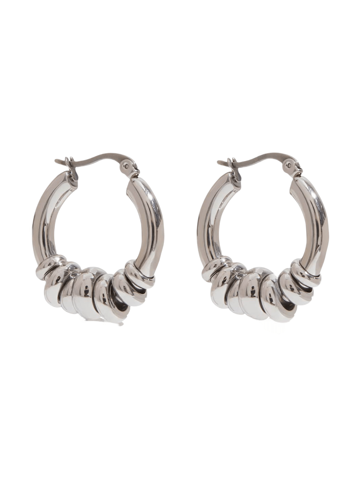 Créoles épaisses bombées, anneaux massifs argentés, acier inoxydable, effet perles mobiles, fermeture à cliquet, modèle Aurélie - Boucles d'oreilles - Argent