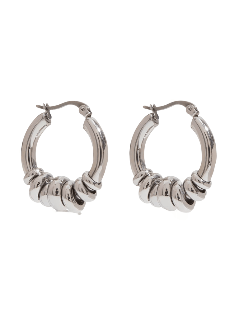 Créoles épaisses bombées, anneaux massifs argentés, acier inoxydable, effet perles mobiles, fermeture à cliquet, modèle Aurélie - Boucles d'oreilles - Argent