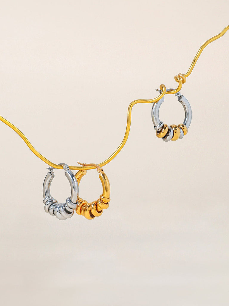 Créoles épaisses bombées, anneaux massifs argentés, acier inoxydable, effet perles mobiles, fermeture à cliquet, modèle Aurélie - Boucles d'oreilles - Or