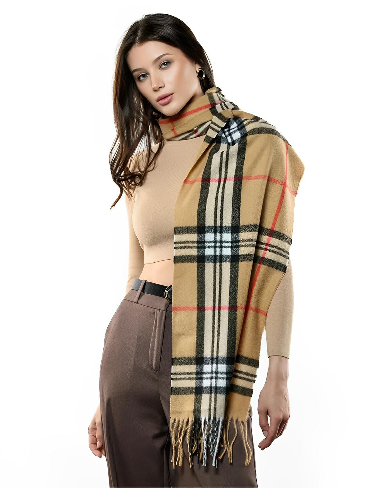 Écharpe 100% laine de mouton, à carreaux, chaude et douce, accessoire d’hiver mixte avec finition frangée, modèle Naorie - Écharpe - Marron
