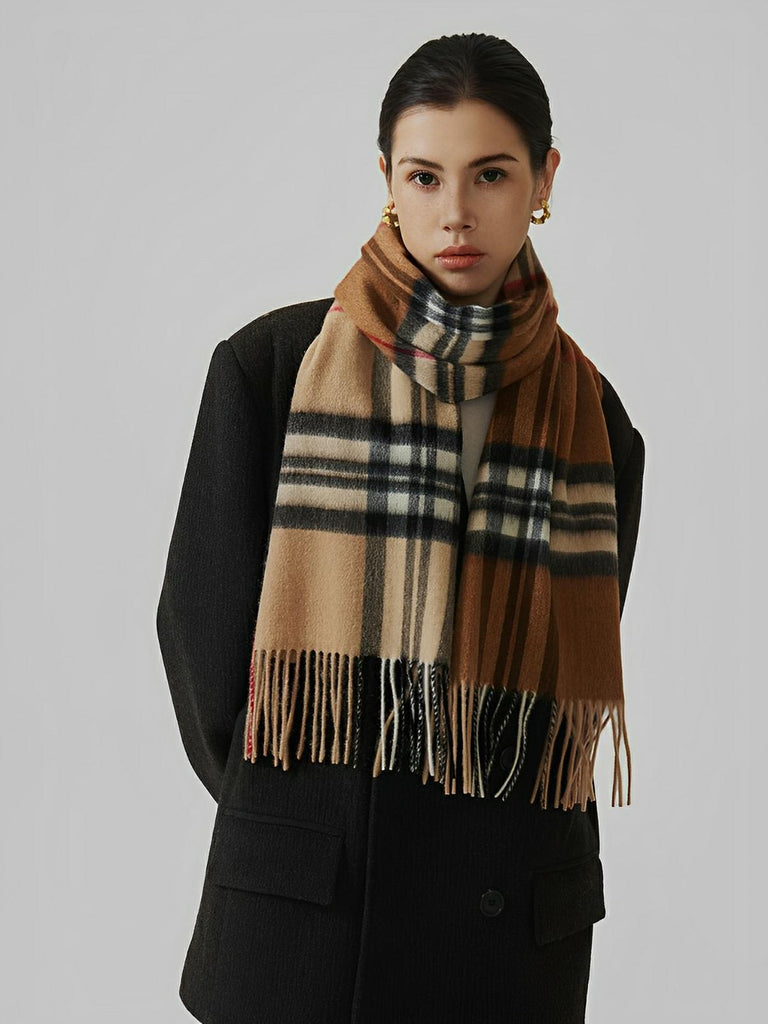 Écharpe 100% laine de mouton, à carreaux, chaude et douce, accessoire d’hiver mixte avec finition frangée, modèle Naorie - Écharpe - Marron