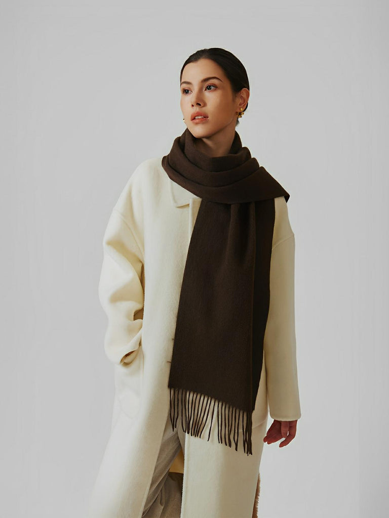 Écharpe 100% laine, hiver, grande écharpe chaude, couleur unie, écharpe à franges, modèle Alba - Écharpe - Café