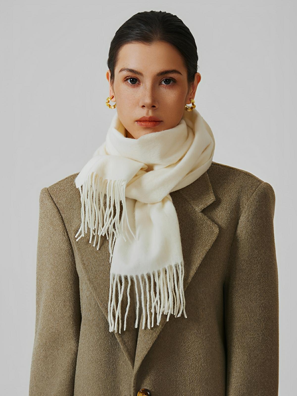 Écharpe 100% laine, hiver, grande écharpe chaude, couleur unie, écharpe à franges, modèle Alba - Écharpe - Blanc