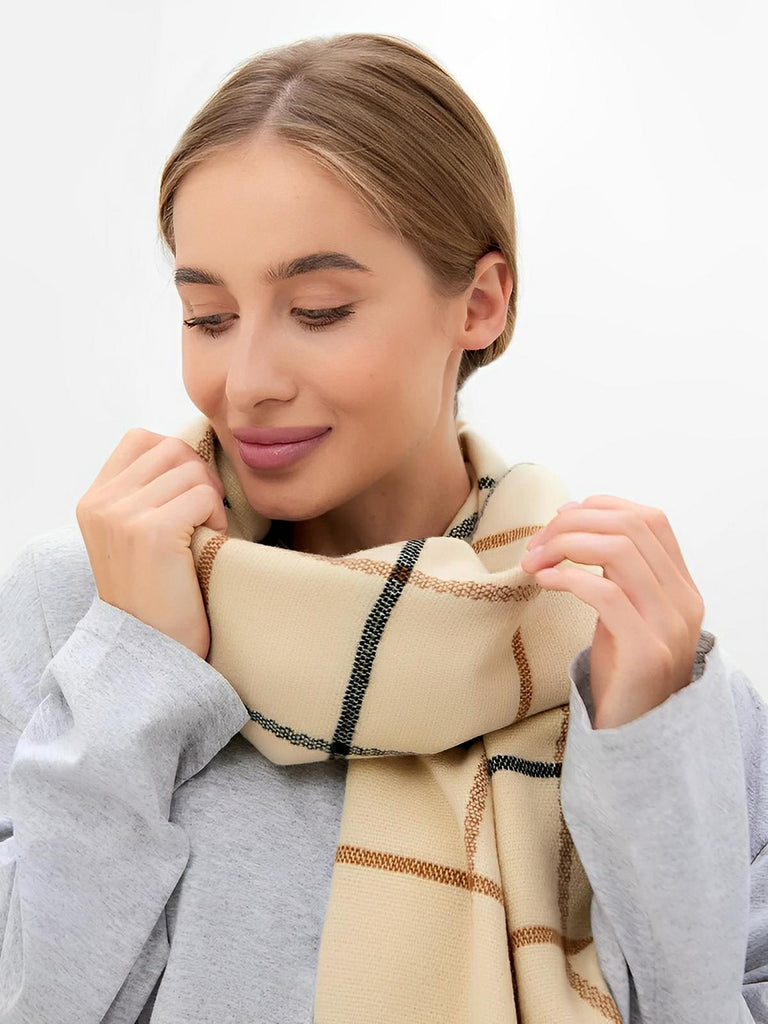 Écharpe hiver pour femme, laine et cachemire, chaude à carreaux, douce, grande taille, modèle Lisa - Écharpe - Beige