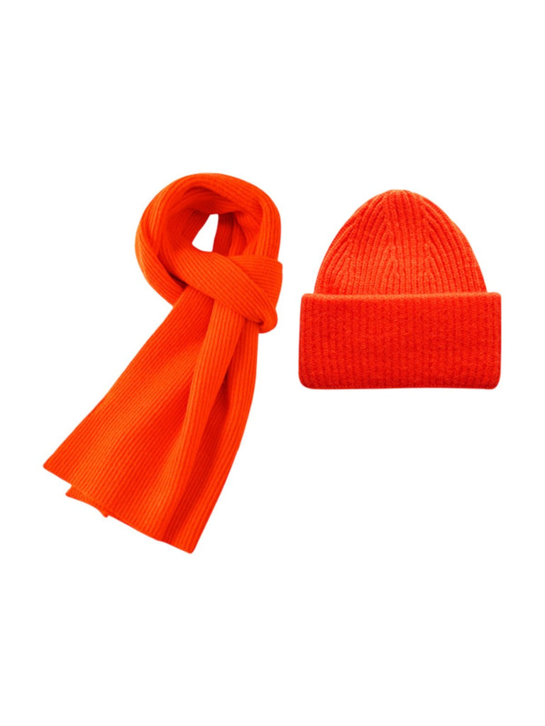 Ensemble bonnet écharpe en nylon et laine, accessoire chaud mixte, set bonnet écharpe pour l'hiver, ensemble tricoté doux, modèle Lorion - Écharpe - Orange vif