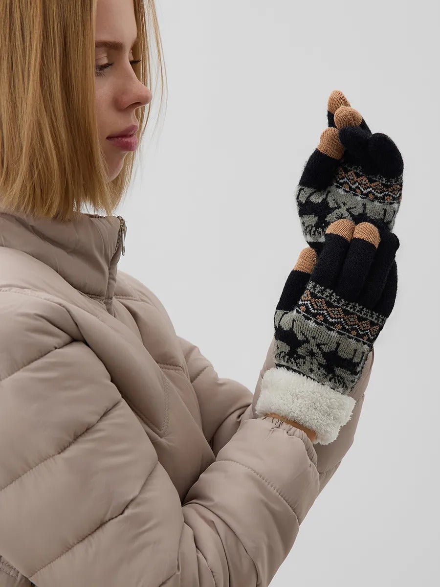 Gants d'hiver femme, gants tactiles et chauds, tricotés doublés, avec motifs renne, douillets hiver, modèle Emma - Gants - Noir