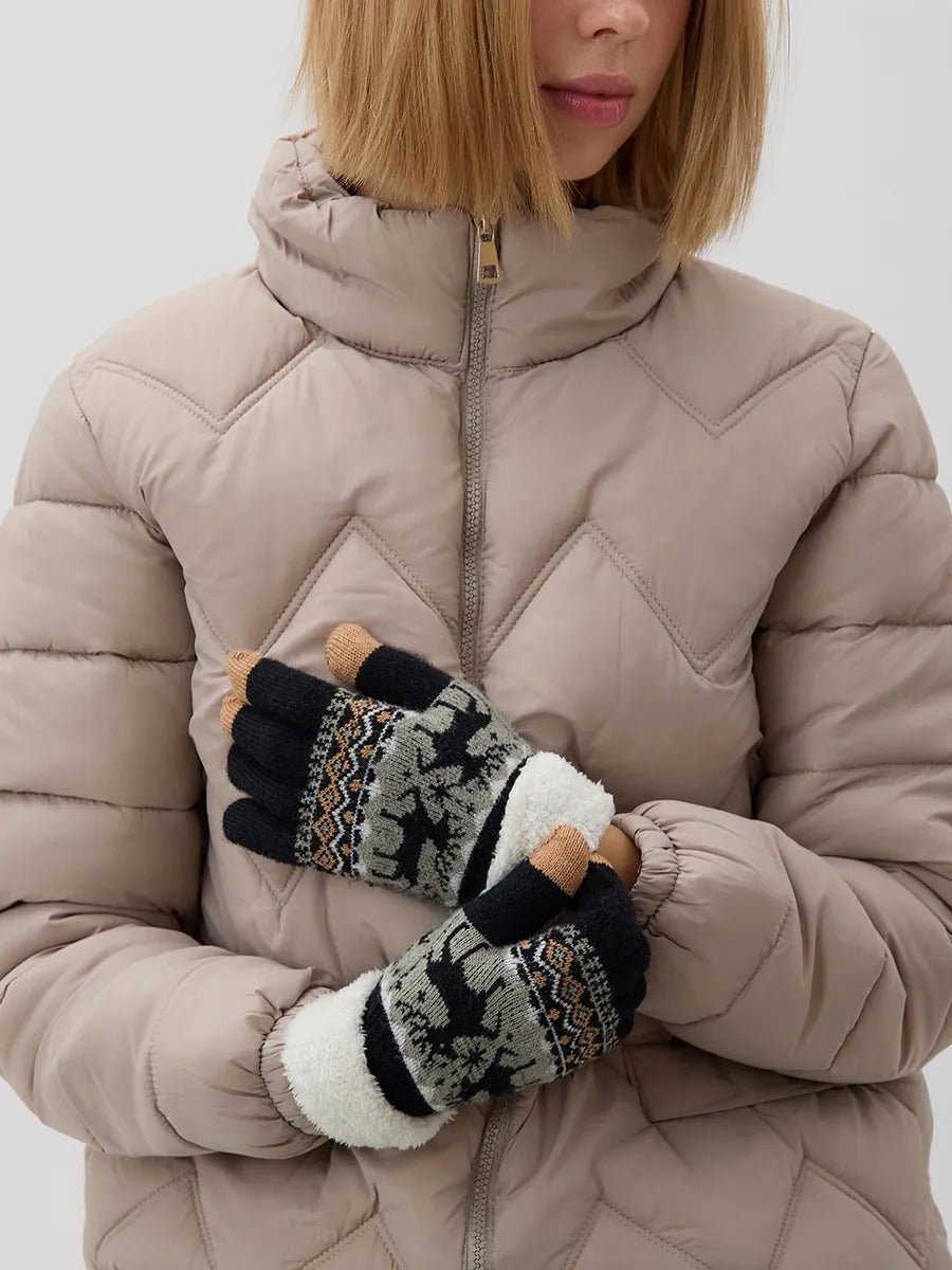 Gants d'hiver femme, gants tactiles et chauds, tricotés doublés, avec motifs renne, douillets hiver, modèle Emma - Gants - Noir