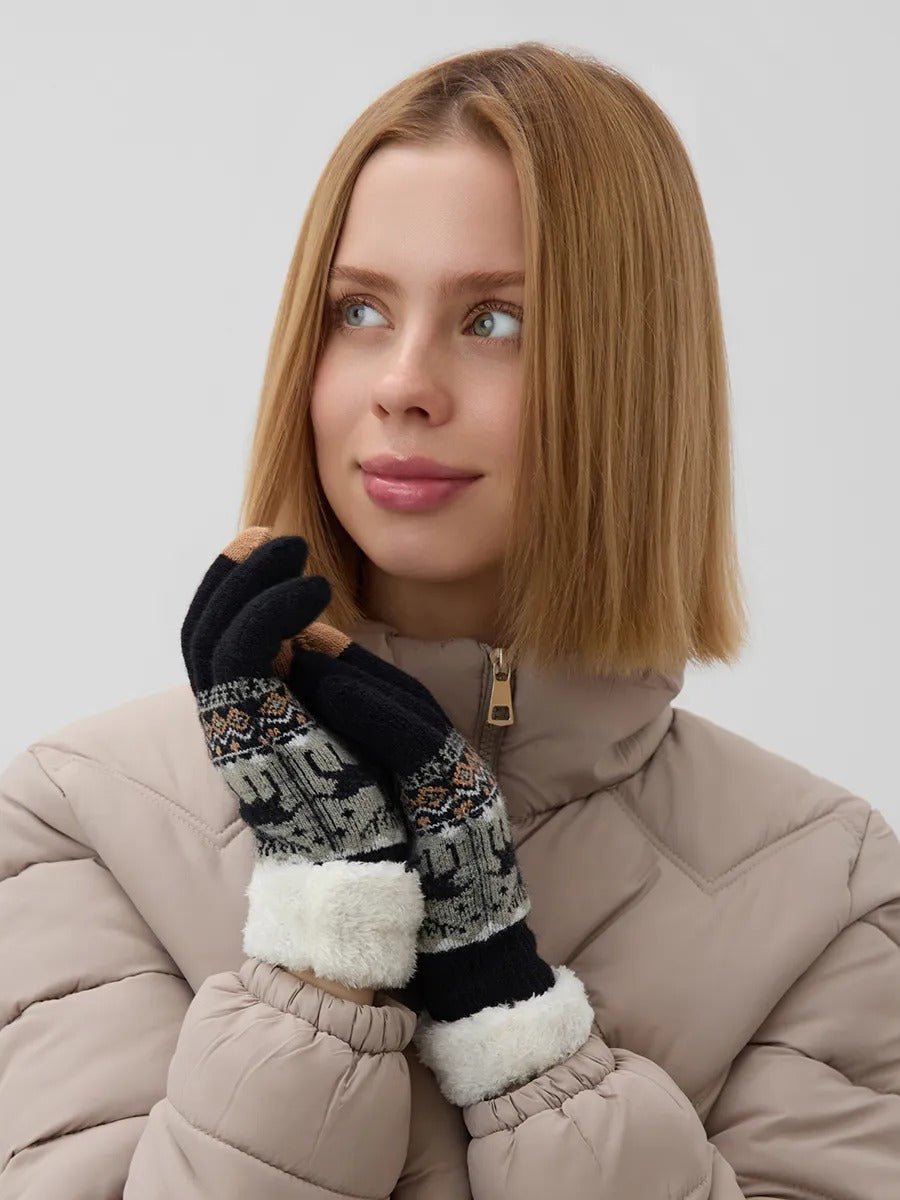 Gants d'hiver femme, gants tactiles et chauds, tricotés doublés, avec motifs renne, douillets hiver, modèle Emma - Gants - Noir