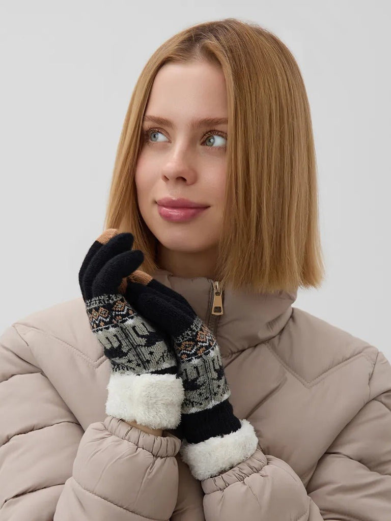 Gants d'hiver femme, gants tactiles et chauds, tricotés doublés, avec motifs renne, douillets hiver, modèle Emma - Gants - Noir