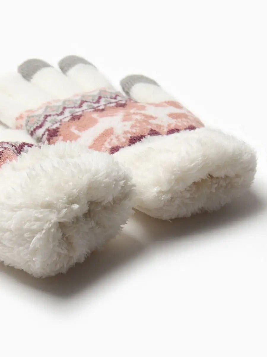 Gants d'hiver femme, gants tactiles et chauds, tricotés doublés, avec motifs renne, douillets hiver, modèle Emma - Gants - Blanc et rose