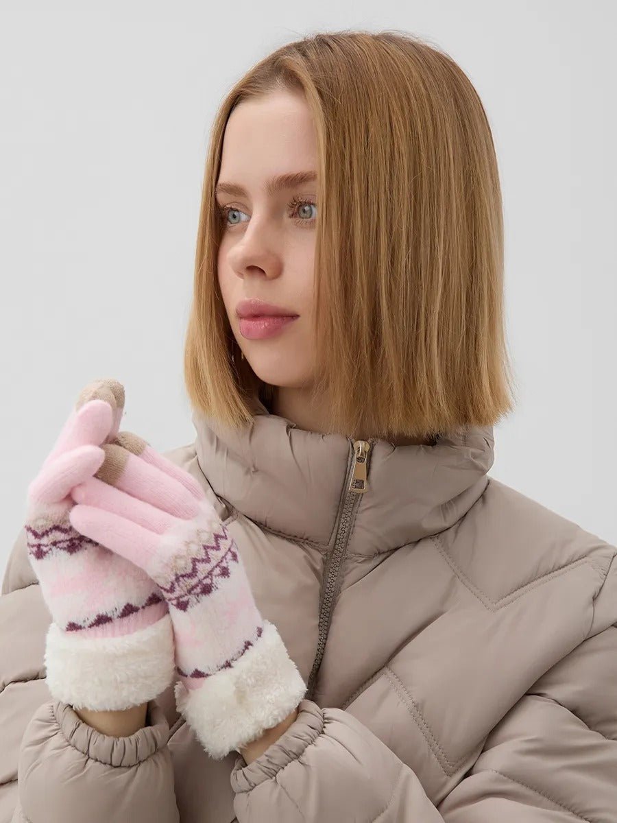 Gants d'hiver femme, gants tactiles et chauds, tricotés doublés, avec motifs renne, douillets hiver, modèle Emma - Gants - Rose