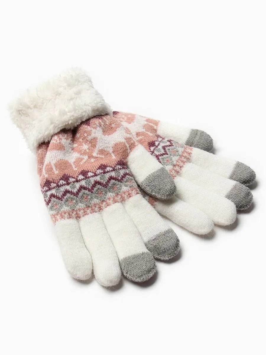 Gants d'hiver femme, gants tactiles et chauds, tricotés doublés, avec motifs renne, douillets hiver, modèle Emma - Gants - Blanc et rose