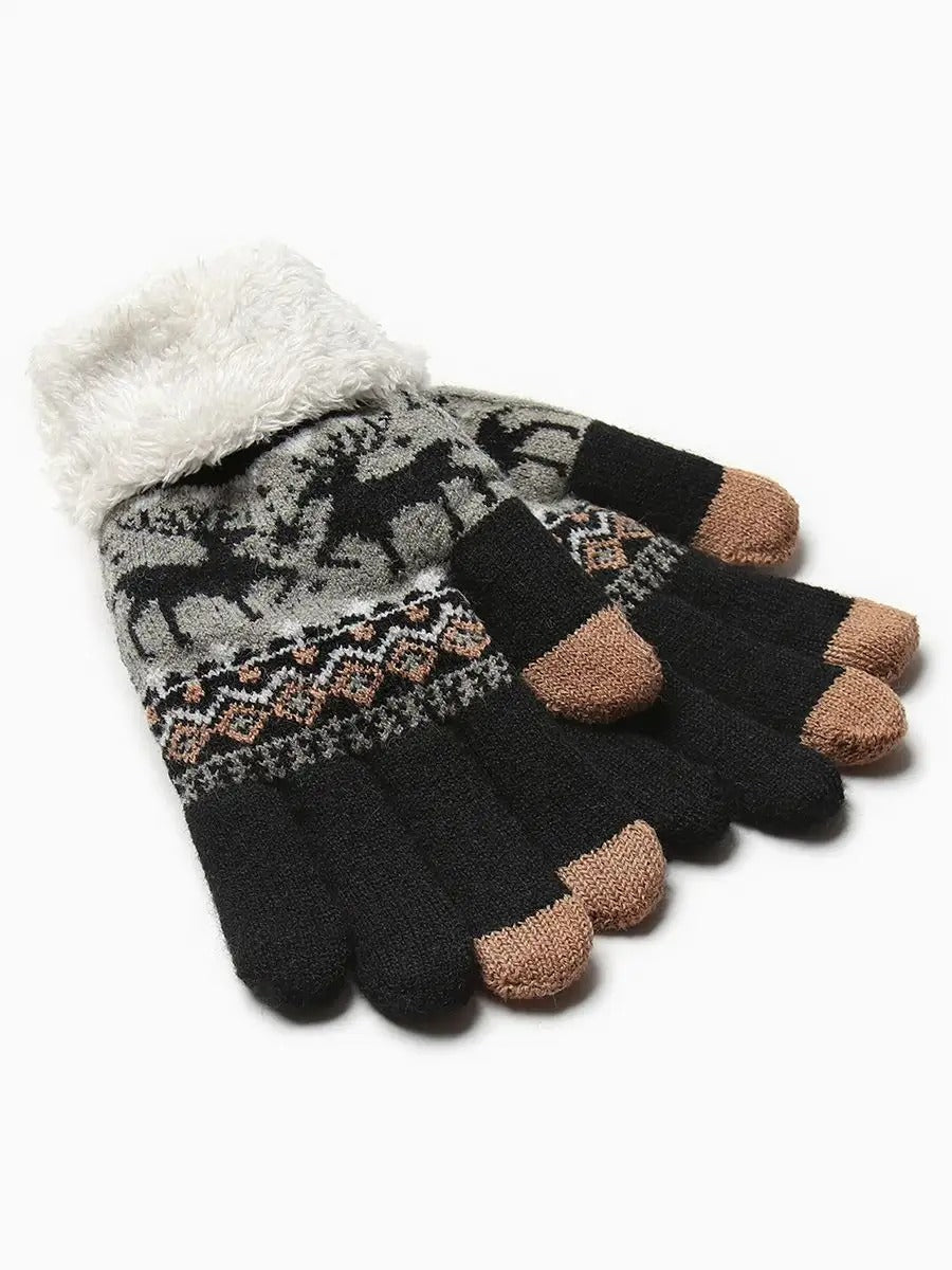 Gants d'hiver femme, gants tactiles et chauds, tricotés doublés, avec motifs renne, douillets hiver, modèle Emma - Gants - Noir