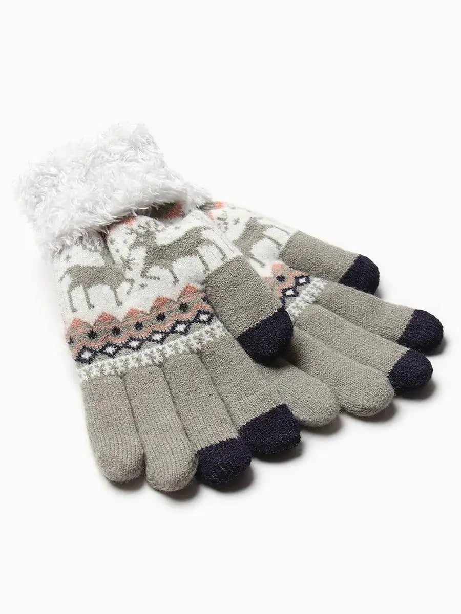 Gants d'hiver femme, gants tactiles et chauds, tricotés doublés, avec motifs renne, douillets hiver, modèle Emma - Gants - Gris