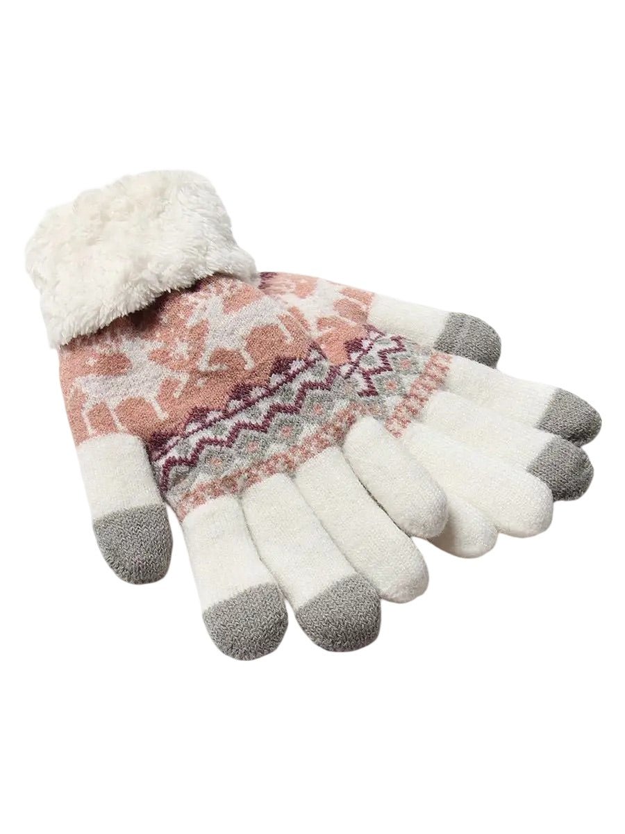 Gants d'hiver femme, gants tactiles et chauds, tricotés doublés, avec motifs renne, douillets hiver, modèle Emma - Gants - Blanc et rose