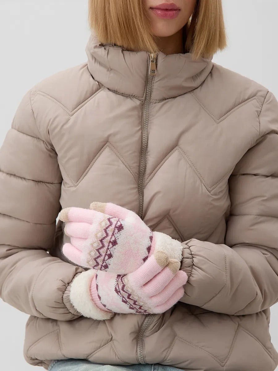 Gants d'hiver femme, gants tactiles et chauds, tricotés doublés, avec motifs renne, douillets hiver, modèle Emma - Gants - Rose