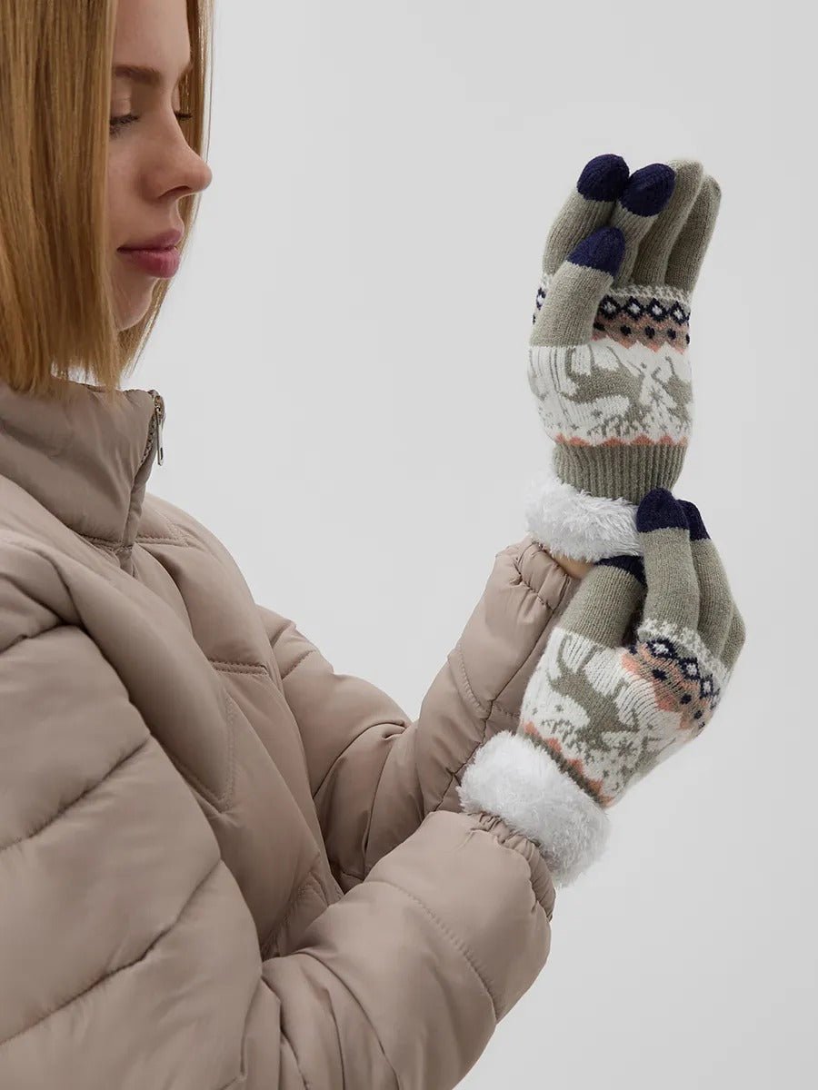 Gants d'hiver femme, gants tactiles et chauds, tricotés doublés, avec motifs renne, douillets hiver, modèle Emma - Gants - Gris
