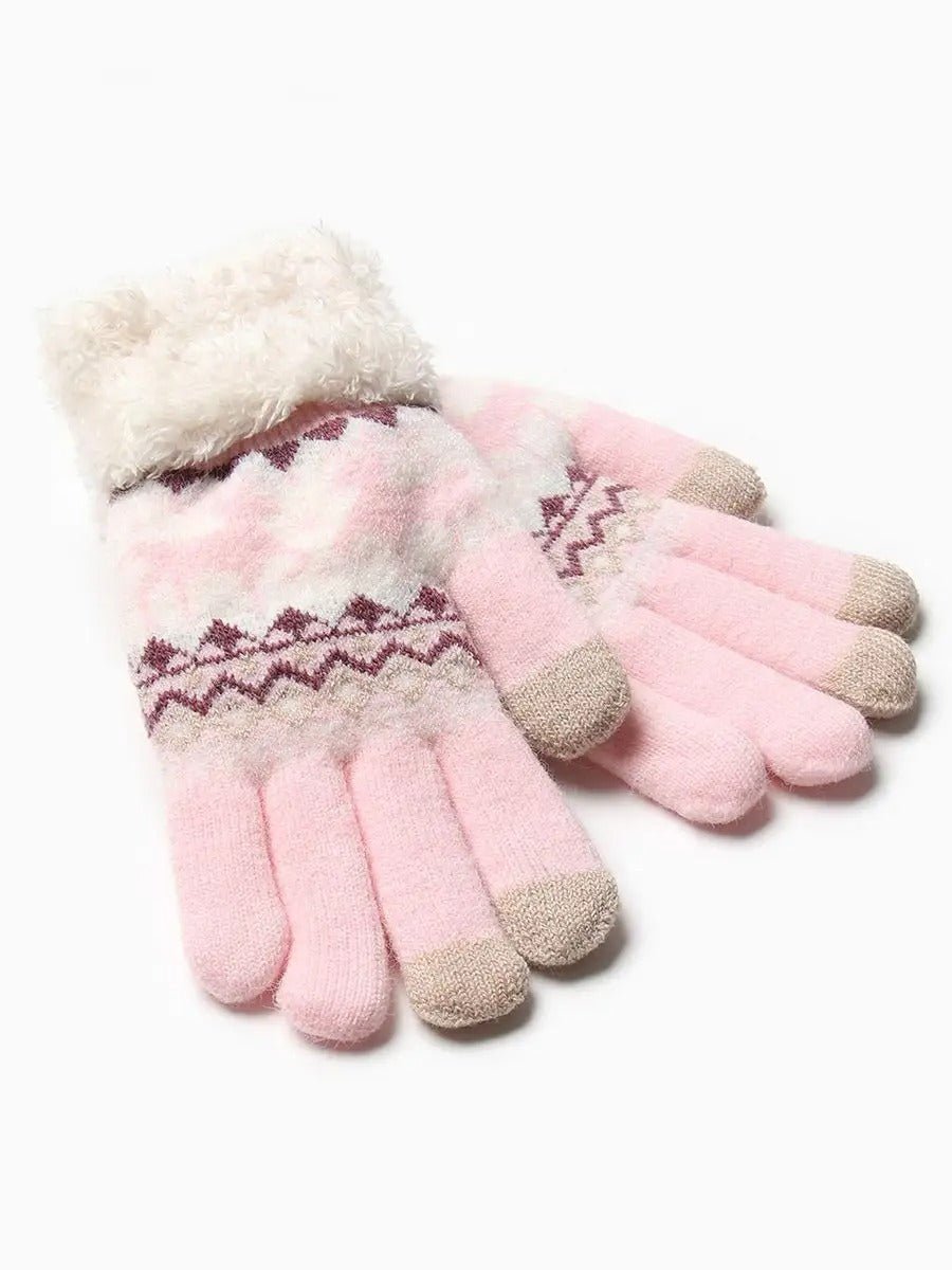 Gants d'hiver femme, gants tactiles et chauds, tricotés doublés, avec motifs renne, douillets hiver, modèle Emma - Gants - Rose