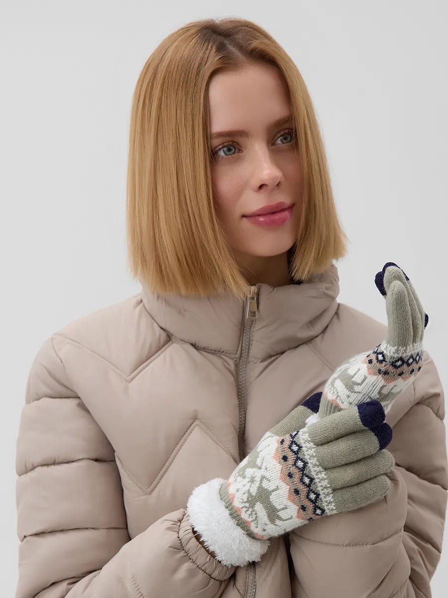 Gants d'hiver femme, gants tactiles et chauds, tricotés doublés, avec motifs renne, douillets hiver, modèle Emma - Gants - Gris