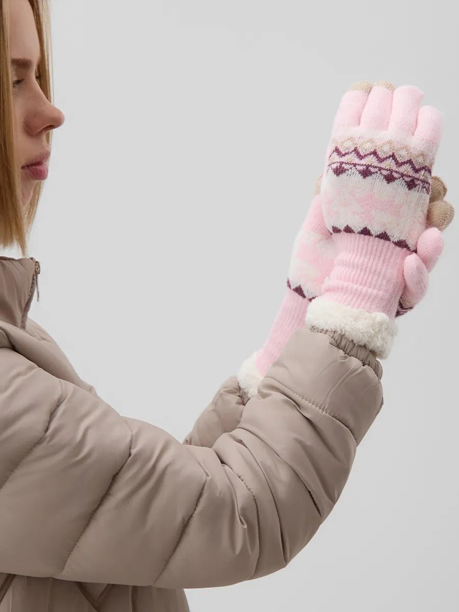 Gants d'hiver femme, gants tactiles et chauds, tricotés doublés, avec motifs renne, douillets hiver, modèle Emma - Gants - Rose