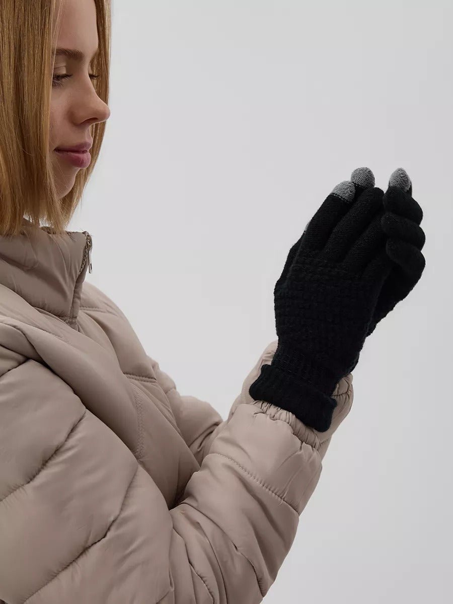 Gants d'hiver femme, tricotés chauds, tactiles, unis et confortables, pour smartphone, modèle Carole - Gants - Noir