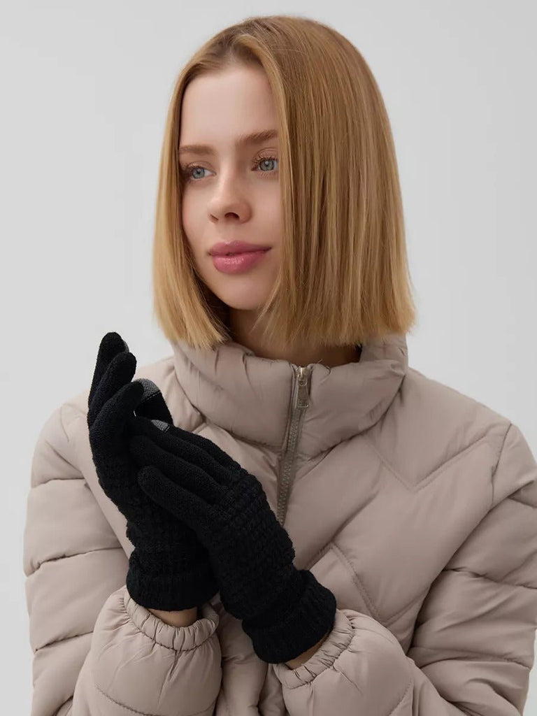 Gants d'hiver femme, tricotés chauds, tactiles, unis et confortables, pour smartphone, modèle Carole - Gants - Noir