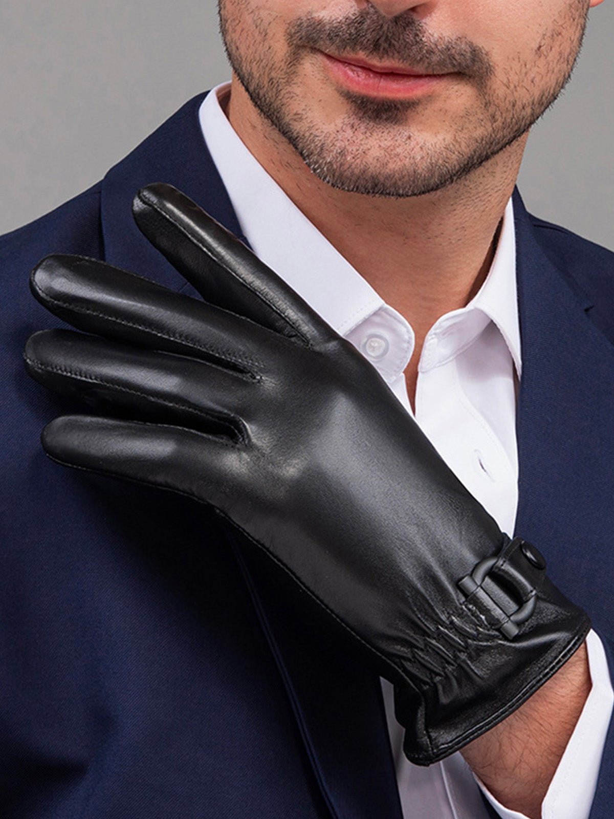 Gants en cuir homme hiver, doublure chaude, toucher tactile, style business, coupe ajustée, cuir noir, modèle Emmanuel