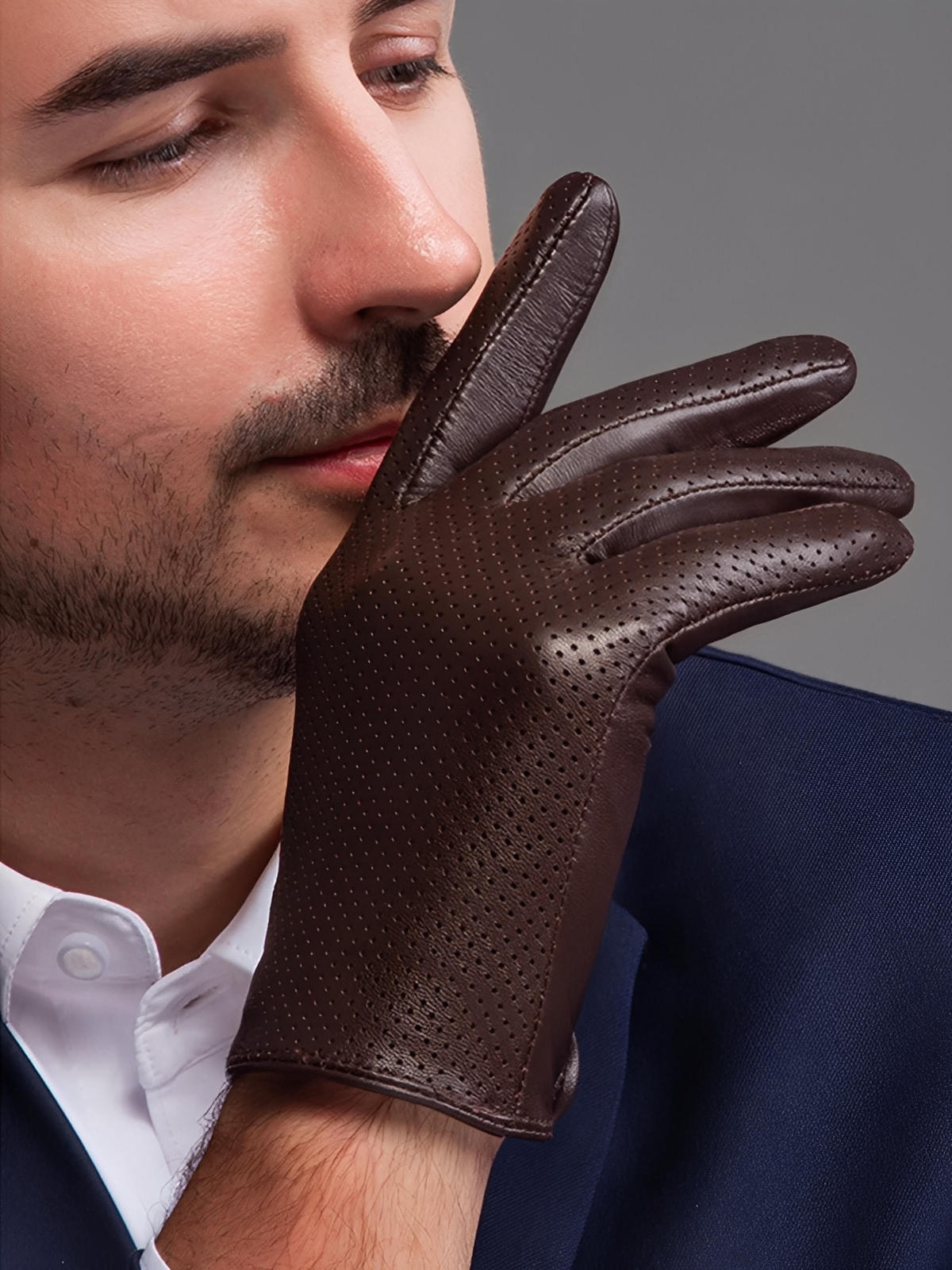 Gants en cuir homme printemps, gants tactiles cuir, gants microperforés légers, gants bouton pression habillés, gants de conduite homme, modèle Guillaume