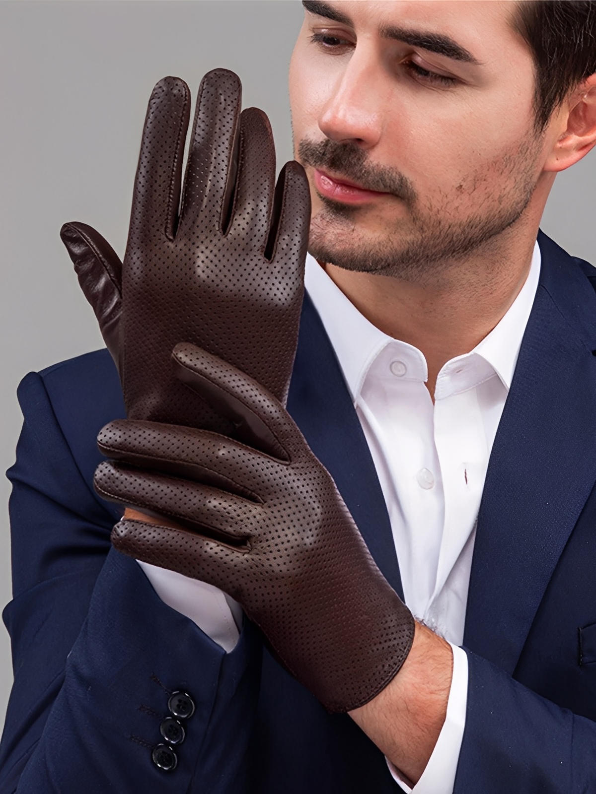 Gants en cuir homme printemps, gants tactiles cuir, gants microperforés légers, gants bouton pression habillés, gants de conduite homme, modèle Guillaume