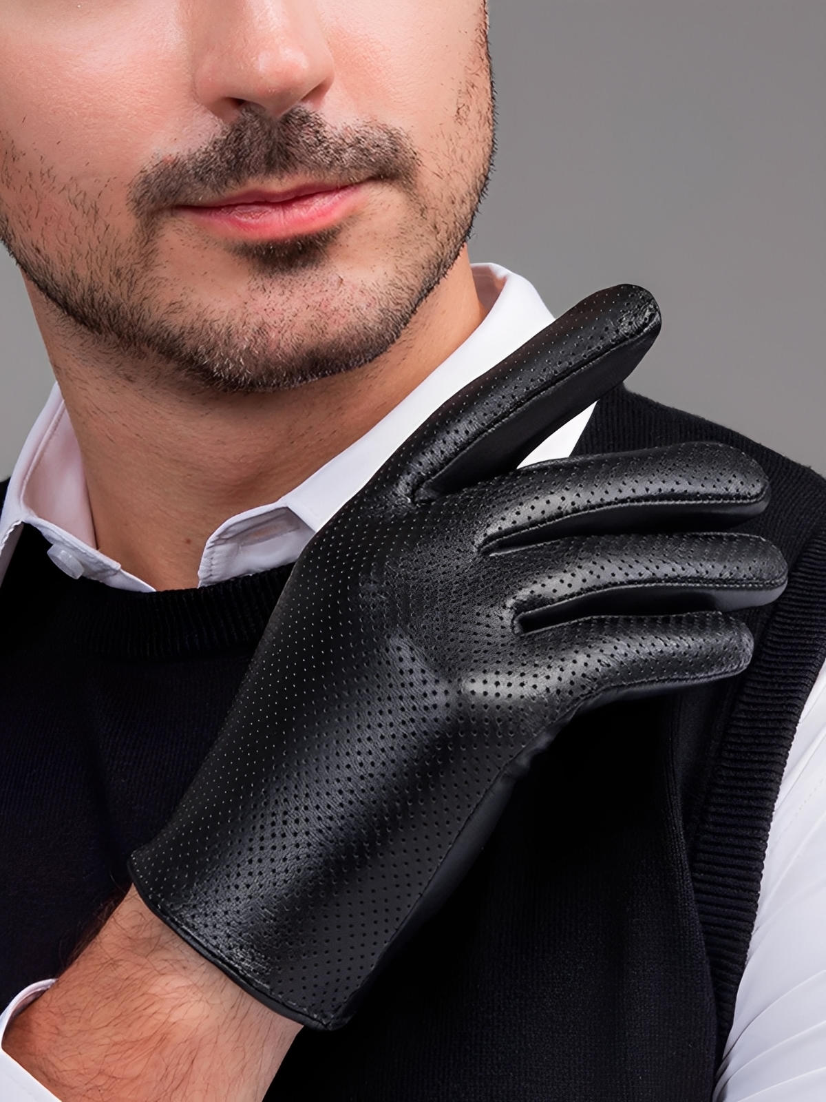 Gants en cuir homme printemps, gants tactiles cuir, gants microperforés légers, gants bouton pression habillés, gants de conduite homme, modèle Guillaume