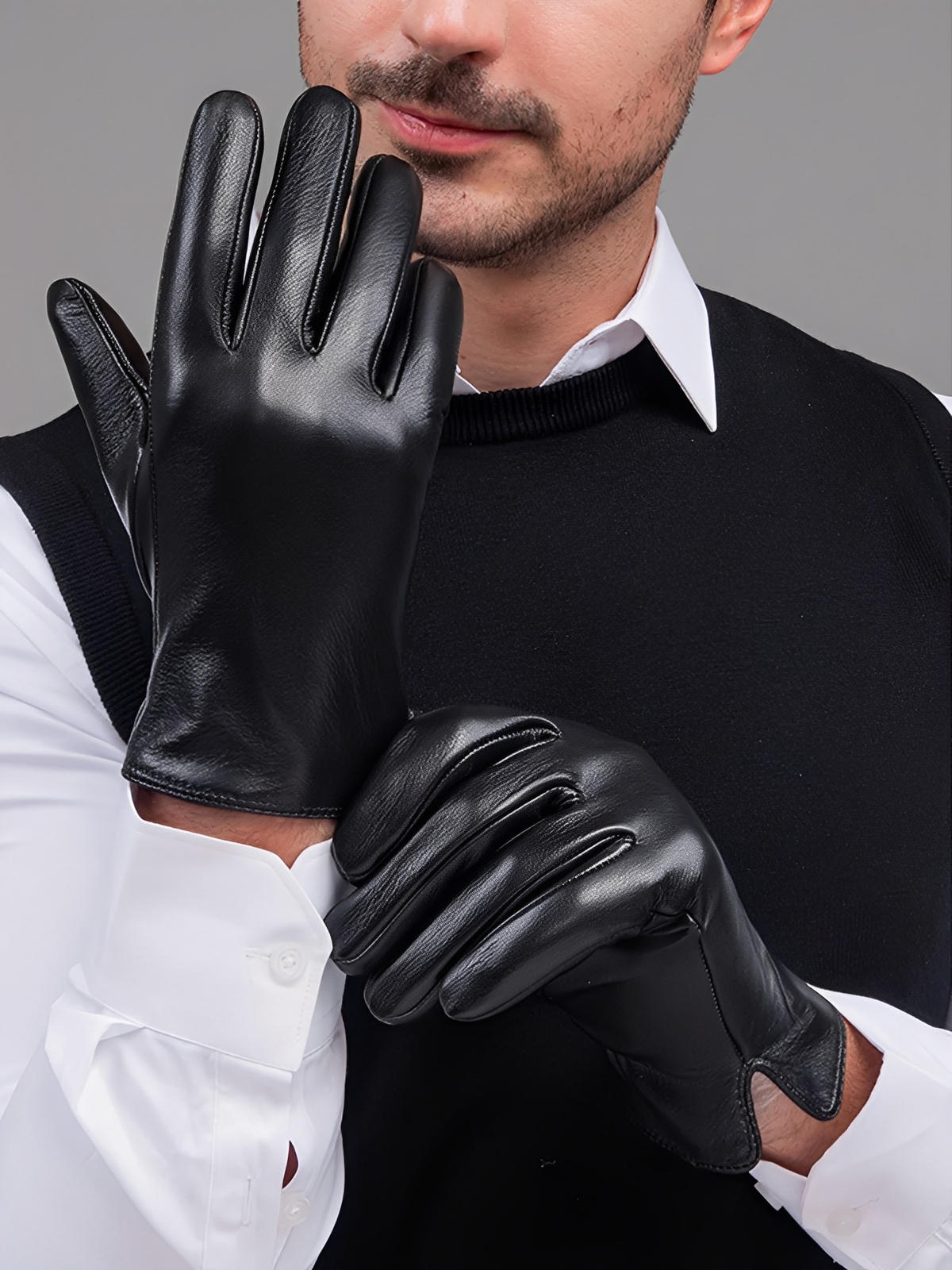 Gants en cuir noir homme, intérieur laine chaude, style business hivernal, gants tactiles hiver, gants doublés chauds, cuir véritable souple, gants élégants noirs, protection contre le froid, modèle Doby - Gants - Noir L