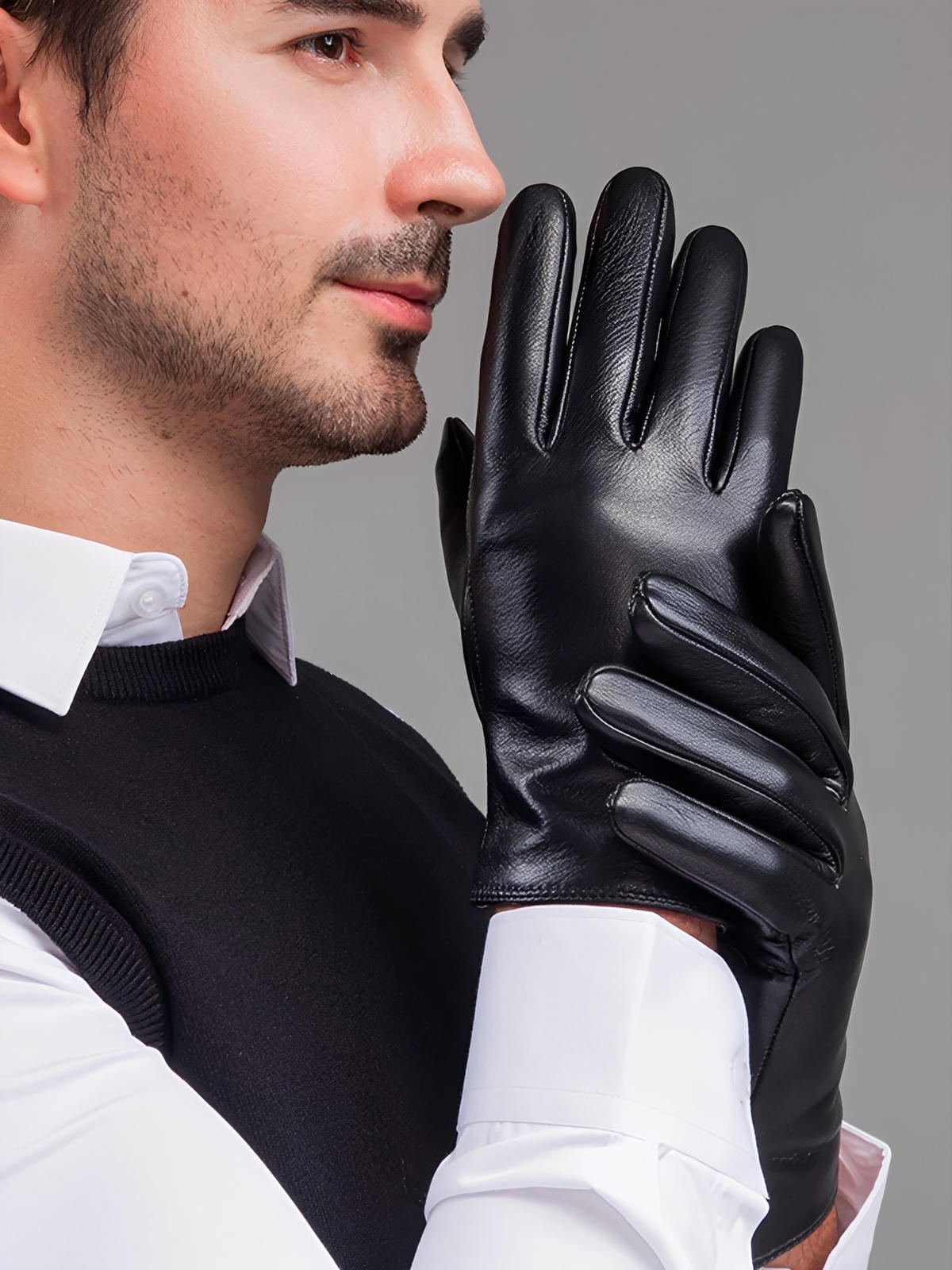 Gants en cuir noir homme, intérieur laine chaude, style business hivernal, gants tactiles hiver, gants doublés chauds, cuir véritable souple, gants élégants noirs, protection contre le froid, modèle Doby - Gants - Noir L