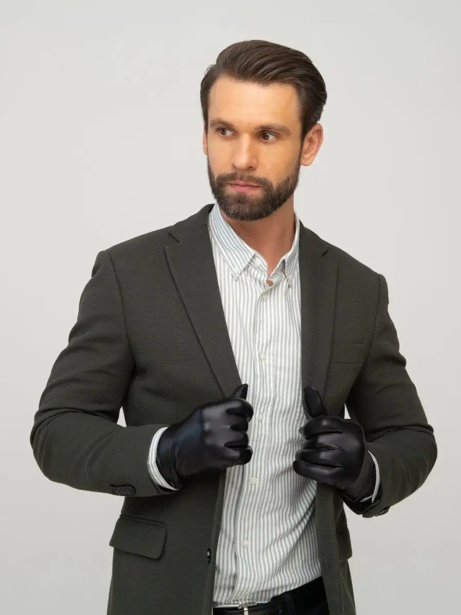 Gants en cuir pour homme, d'hiver, gants noirs doublés laine, habillés et chauds, antidérapants et moderne, modèle Romano - Gants - Noir M