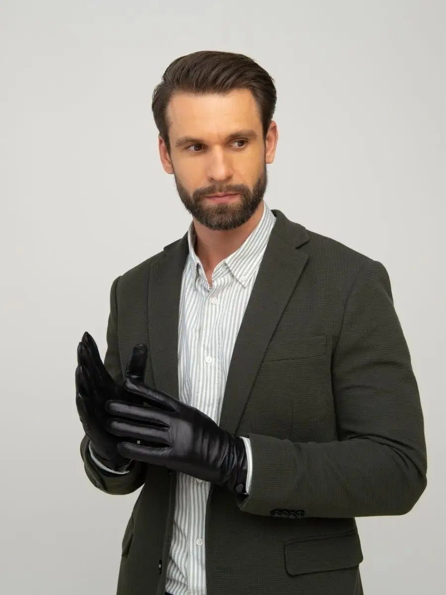 Gants en cuir pour homme, d'hiver, gants noirs doublés laine, habillés et chauds, antidérapants et moderne, modèle Romano - Gants - Noir M