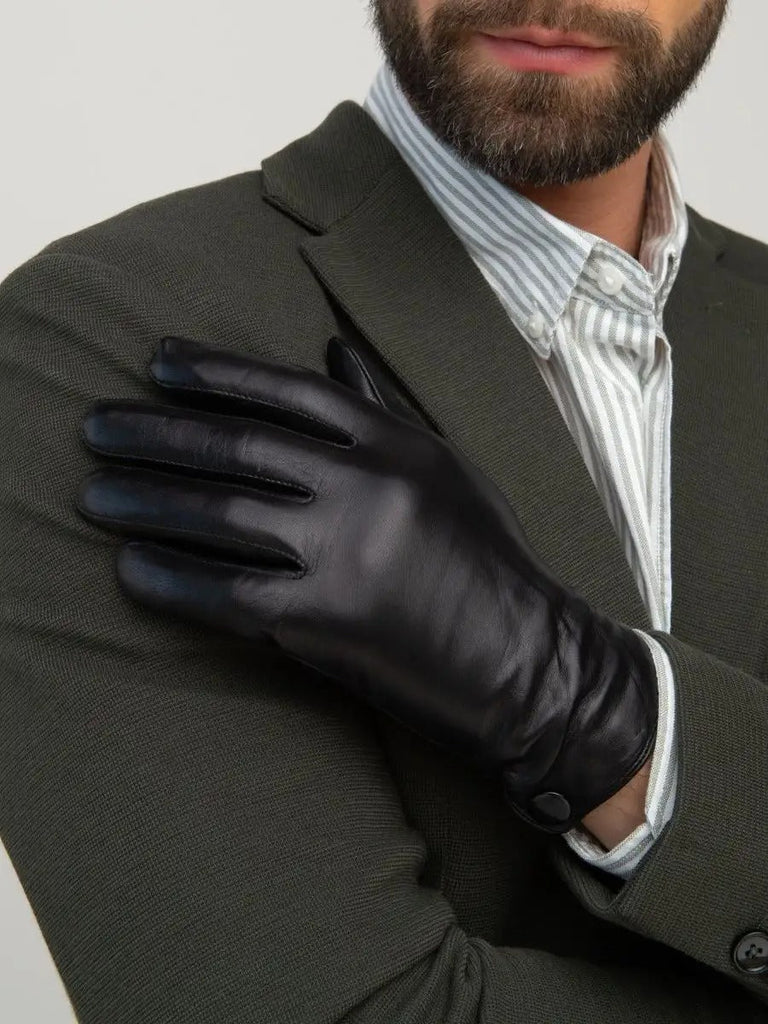 Gants en cuir pour homme, d'hiver, gants noirs doublés laine, habillés et chauds, antidérapants et moderne, modèle Romano - Gants - Noir M