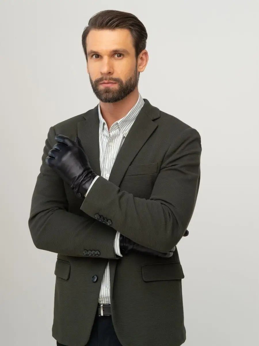 Gants en cuir pour homme, d'hiver, gants noirs doublés laine, habillés et chauds, antidérapants et moderne, modèle Romano - Gants - Noir M