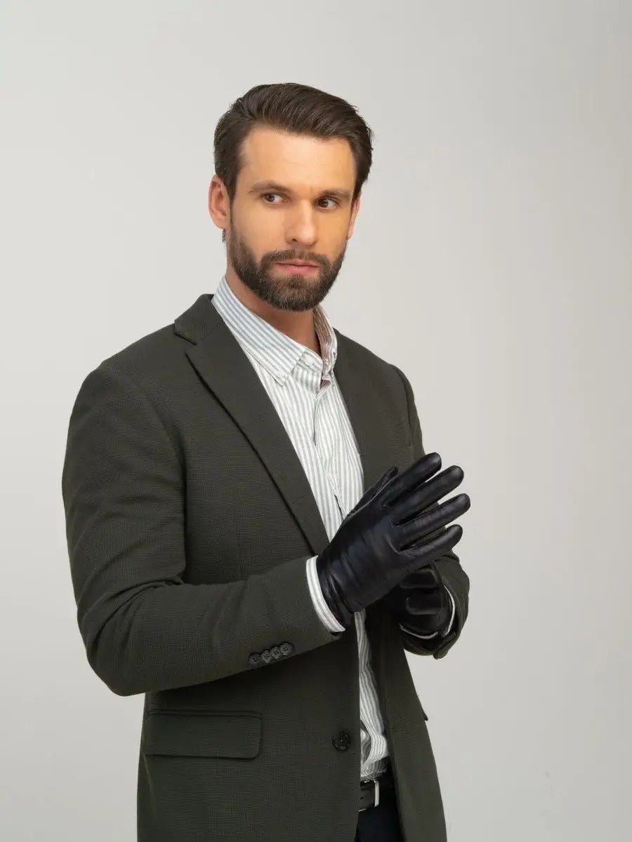 Gants en cuir pour homme, d'hiver, gants noirs doublés laine, habillés et chauds, antidérapants et moderne, modèle Romano - Gants - Noir M