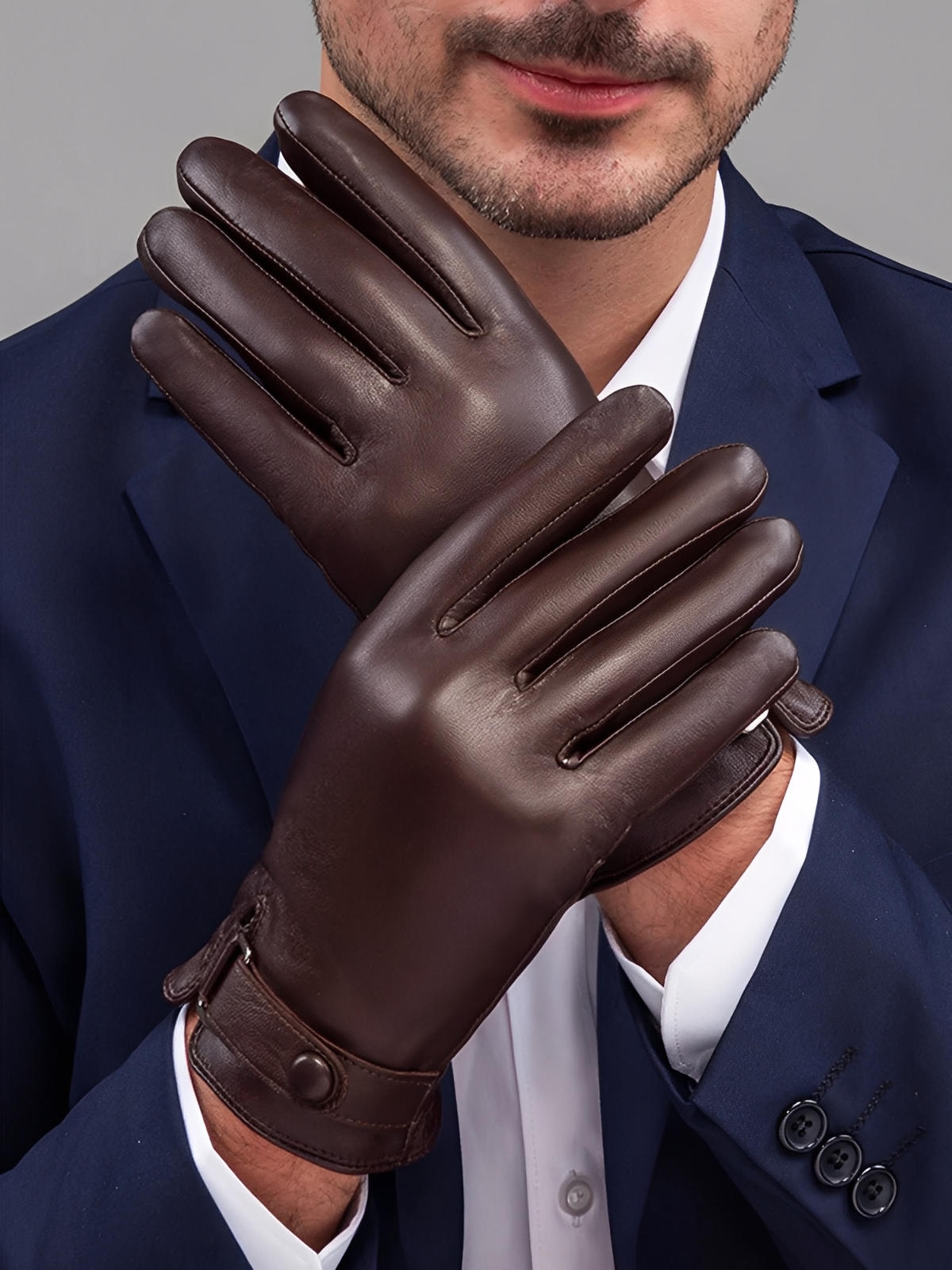 Gants en cuir pour homme, doublure chaude et douce, compatibles écran tactile, fermeture ajustable au poignet, parfaits pour l’hiver en ville, modèle Tradus