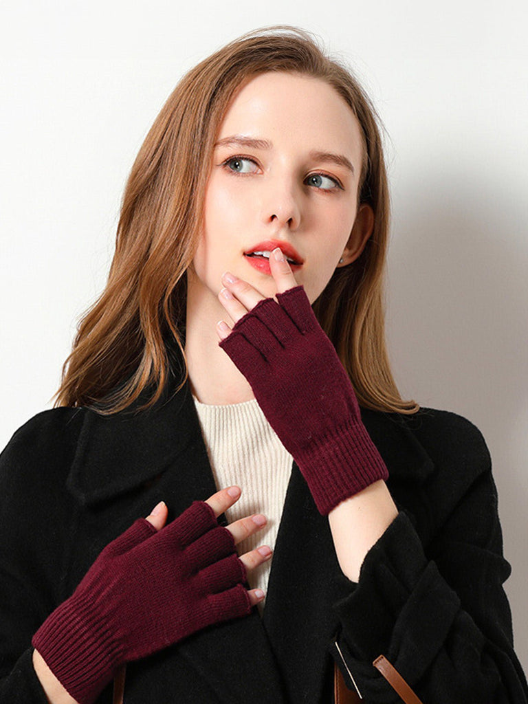 Gants mitaine, demi - doigts, en laine chaude pour l’hiver, confort tricoté pour femme, style sobre et pratique, modèle Mita - Écharpe - Bordeaux