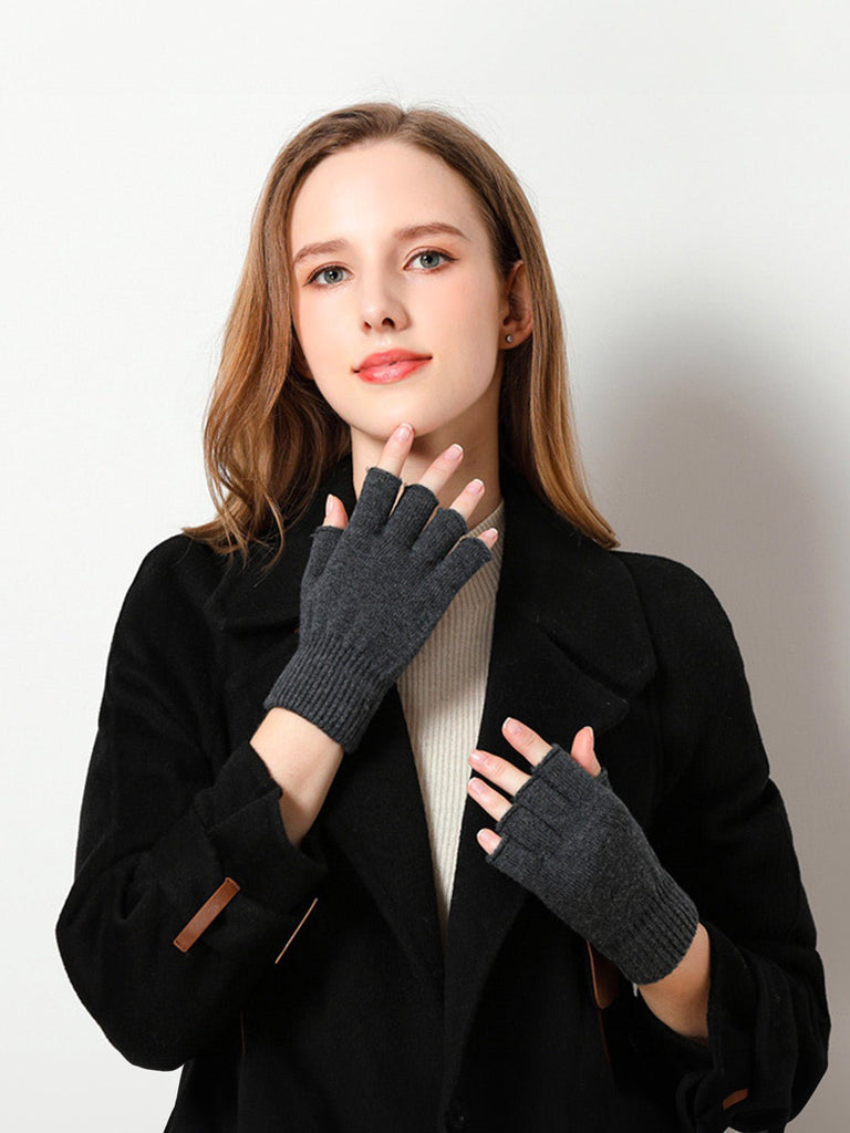 Gants mitaine, demi - doigts, en laine chaude pour l’hiver, confort tricoté pour femme, style sobre et pratique, modèle Mita - Écharpe - Gris foncé