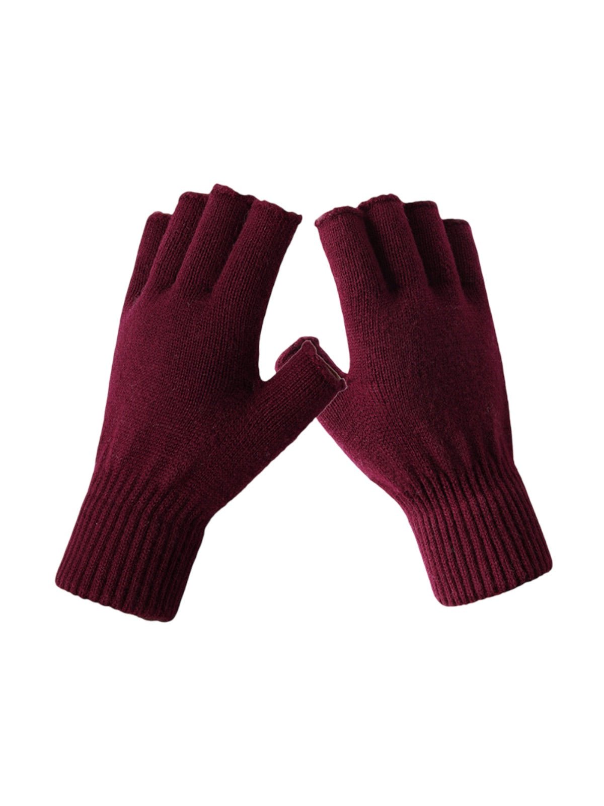 Gants mitaine, demi - doigts, en laine chaude pour l’hiver, confort tricoté pour femme, style sobre et pratique, modèle Mita - Écharpe - Bordeaux